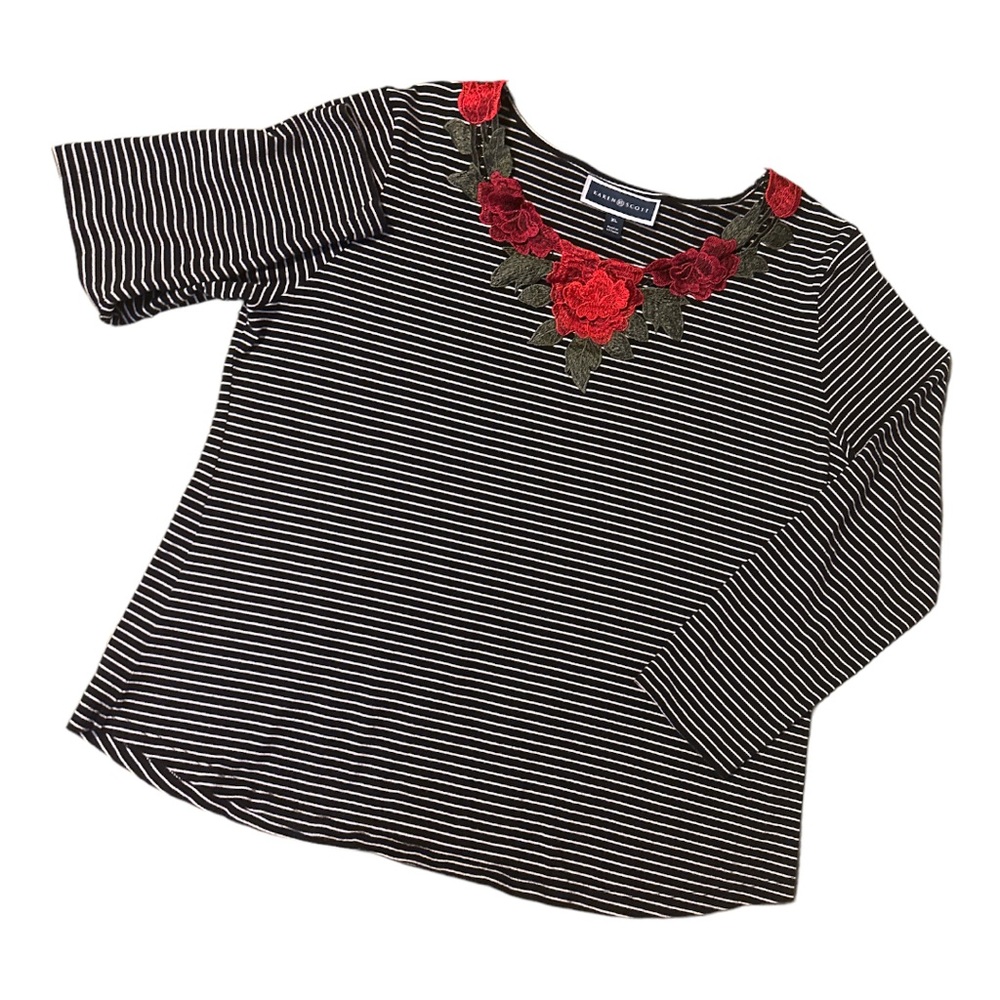 Red Rose Appliqué Crew Neck Long Sleeve Black White Pinstripe T Shirt - XL